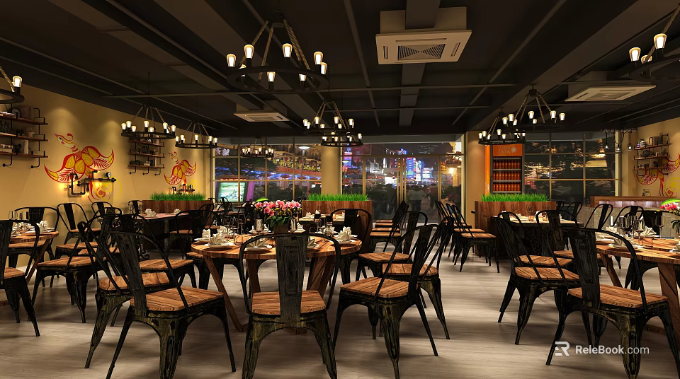 Cozy Restaurant Interior With Hanging Chandeliers Wooden Tables And Flower Centerpieces 3d model 