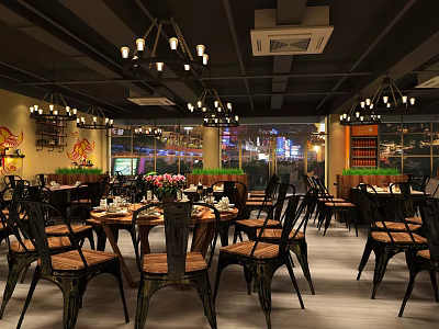 Cozy Restaurant Interior With Hanging Chandeliers Wooden Tables And Flower Centerpieces 3d model