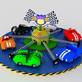 Colorful Kids Amusement Rotating Ride With Multiple Cars Checkered Flags And Striped Base