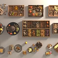 Assorted Foods Display With Nuts Fruits Grains Chocolates In Wooden Boxes And Plates