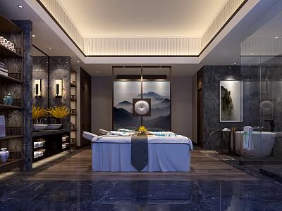 Luxurious SPA Sauna Interior Design With Massage Bed Marble Elements And Bathtub 3d model