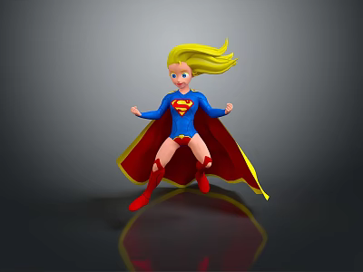 Superhero Girl In Blue Costume With Red Cape Yellow Hair And Super Symbol 3d model