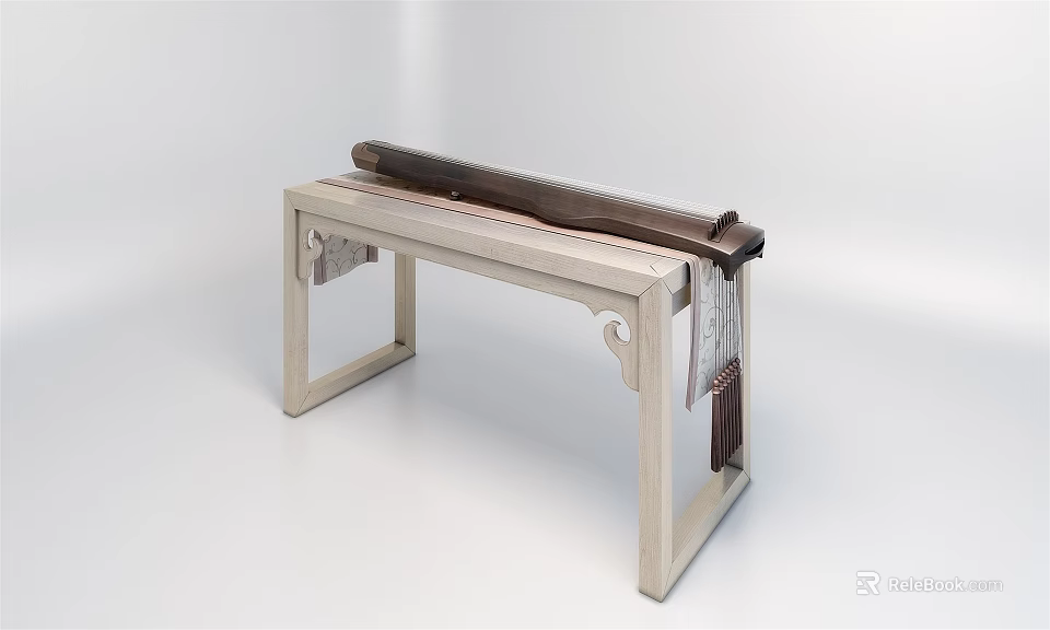Traditional Musical Instrument and Painting Tools on Elegant Light Carved Wooden Stand 3d model 