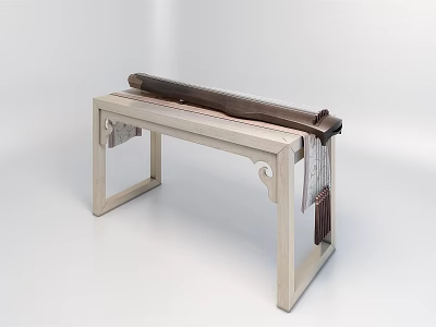 Traditional Musical Instrument and Painting Tools on Elegant Light Carved Wooden Stand 3d model