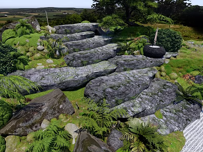 Serene Natural Garden Landscape With Large Stone Steps Green Ferns And Moss Covered Rocks 3d model