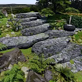 Serene Natural Garden Landscape With Large Stone Steps Green Ferns And Moss Covered Rocks