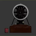 Vintage Sewing Machine With Black Body Golden Patterns Wooden Base And Red Thread Spool