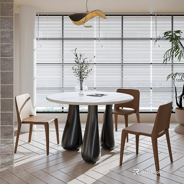 Modern Round White Dining Table Set With Black Legs And Wooden Chairs Near Window Blinds 3d model 