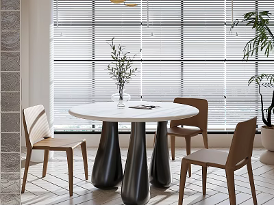 Modern Round White Dining Table Set With Black Legs And Wooden Chairs Near Window Blinds 3d model