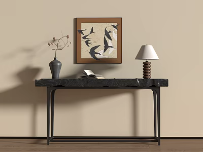 Traditional Console Table With Gray Vase Open Book Table Lamp And Bird Decorative Painting 3d model