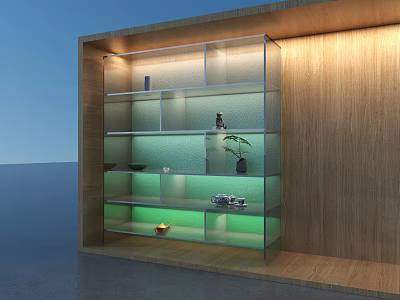 Modern Decorative Cabinet With Glass Shelves Wooden Frame Built in Lighting And Potted Plant 3d model