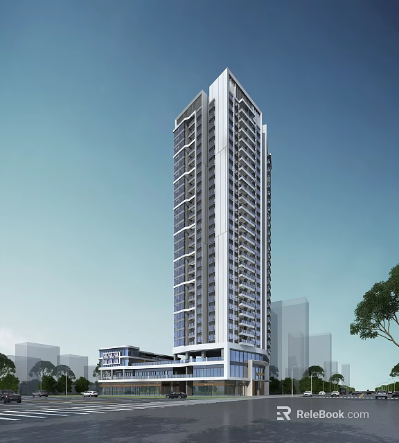 High Rise Modern Residential Building With Glass Curtain Wall And Surrounding Trees 3d model 