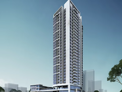 High Rise Modern Residential Building With Glass Curtain Wall And Surrounding Trees 3d model