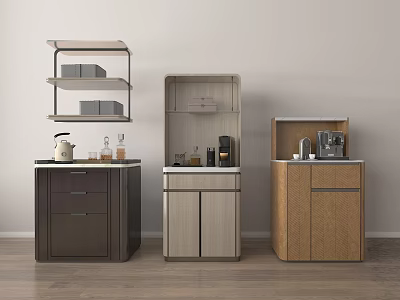 Modern Storage Cabinet Shelves In Various Colors With Coffee Machine And Cups 3d model