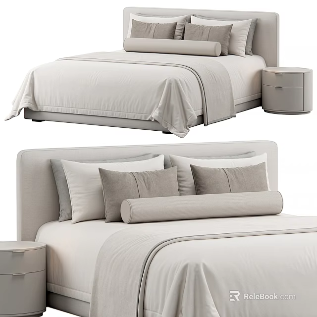 Modern Upholstered Headboard Double Bed In Neutral Tones With Plush Pillows And Bedside Table 3d model 