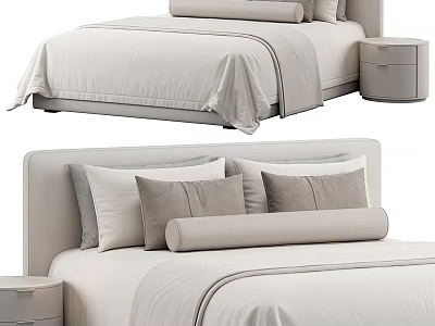Modern Upholstered Headboard Double Bed In Neutral Tones With Plush Pillows And Bedside Table 3d model