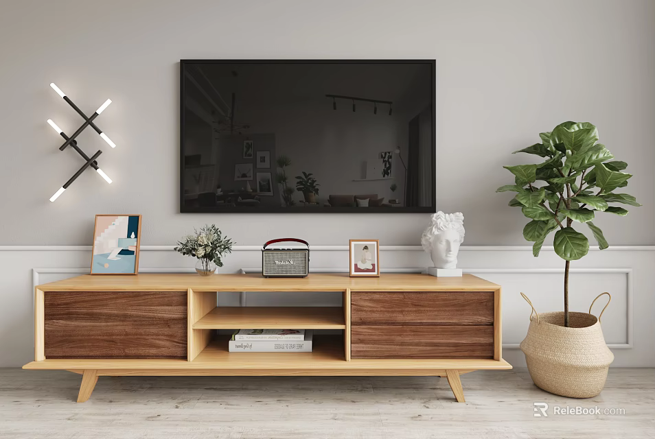 Light Wooden TV Stand With Painting Radio Photo Frame Sculpture And Green Plant Near TV 3d model 