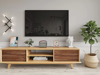 Light Wooden TV Stand With Painting Radio Photo Frame Sculpture And Green Plant Near TV 3d model