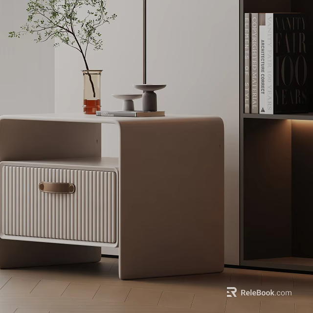 Modern Bedside Table With Ribbed Drawer Beside Bookshelf And Plant Vase 3d model 