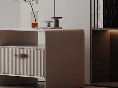 Modern Bedside Table With Ribbed Drawer Beside Bookshelf And Plant Vase 3d model