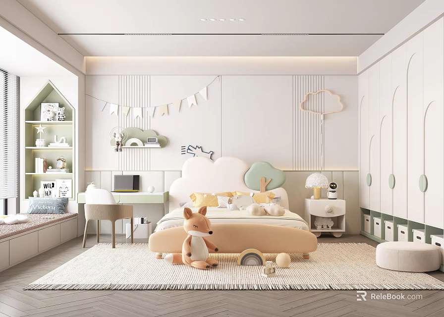 Kids Room Interior Design With Cloud Shaped Headboard Stuffed Toys Desk And Cozy Rug 3d model 