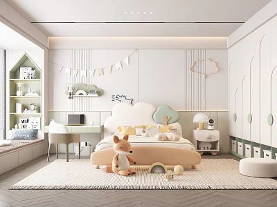 Kids Room Interior Design With Cloud Shaped Headboard Stuffed Toys Desk And Cozy Rug 3d model