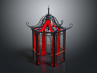 Decorative Pavilion with Black Metal Frame Ornate Spire Curved Metal Designs and Red Fabric Interior 3d model