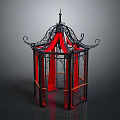 Decorative Pavilion with Black Metal Frame Ornate Spire Curved Metal Designs and Red Fabric Interior