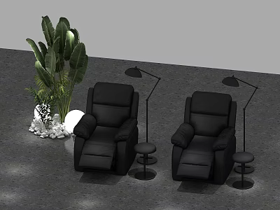 Cozy Shopping Mall Store With Black Recliner Chairs Floor Lamps Small Stools Green Plant 3d model