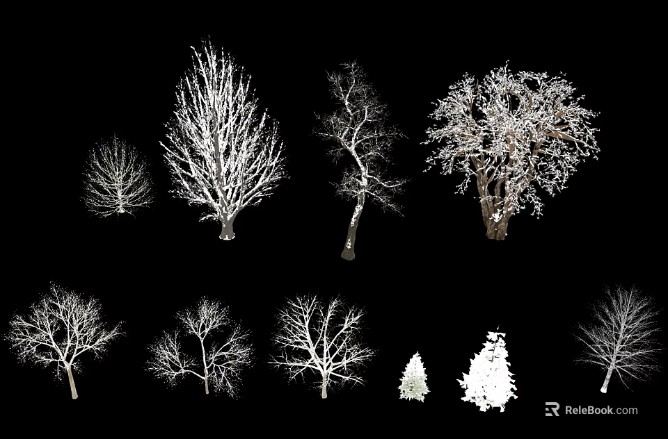 Collection of Various Arbor Trees with Different Silhouettes on Black Background 3d model 