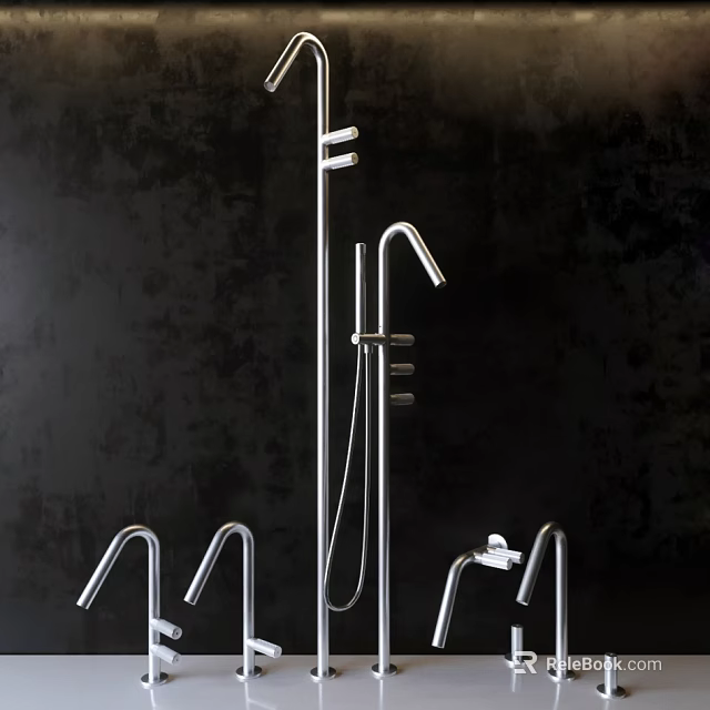 Modern Stainless Steel Faucet Collection With Shower And Basin Taps On Dark Backdrop 3d model 