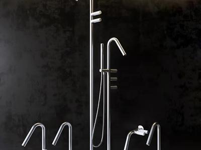 Modern Stainless Steel Faucet Collection With Shower And Basin Taps On Dark Backdrop 3d model