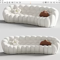 White Sectional Sofa with Curved Design Soft Fabric Flower Ornament and Brown Cushions