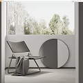 Modern Leisure Chair with Gray Blanket and Round Mirror by Window with Trees