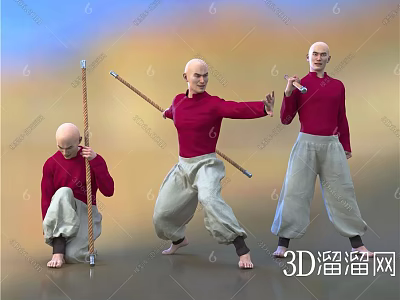3D Bald-headed Men in Red Shirts and Light-colored Pants Performing Various Actions with Long Stick 3d model