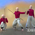 3D Bald-headed Men in Red Shirts and Light-colored Pants Performing Various Actions with Long Stick