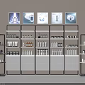 Modern Display Shelves with Organized Cosmetic Bottles and Poster Frames 3d model