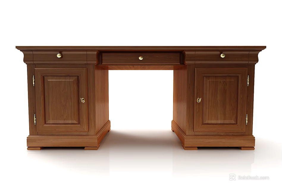 Classic Wooden Desk with Drawers and Cabinet Doors Traditional Office Furniture Design 3d model 