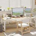 Bright Wooden Desk and Chair Set for Home Office with Two Monitors and Green Plants