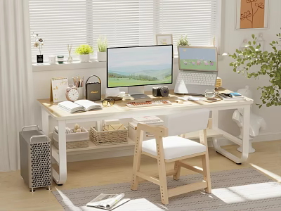 Bright Wooden Desk and Chair Set for Home Office with Two Monitors and Green Plants 3d model