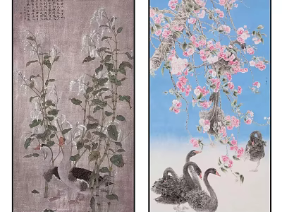Traditional Chinese Paintings With Floral Plants Swans Blue Background And Gray Tones 3d model
