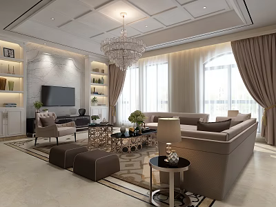 Elegant Modern Living Dining Room Interior With Sofa Coffee Table Crystal Chandelier And Large Windows 3d model