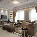 Elegant Modern Living Dining Room Interior With Sofa Coffee Table Crystal Chandelier And Large Windows