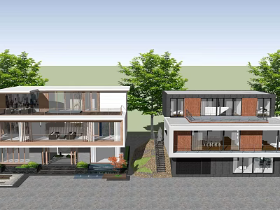 Modern Detached Villa Exterior With Glass Windows Balcony Trees And Courtyard 3d model