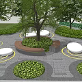 Park Landscape Design With Large Tree Circular White Seats Green Plants And Paved Ground