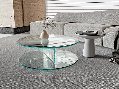 Modern Round Glass Coffee Table Two Tier Design with Vase Book and Side Table 3d model