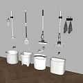 Bathroom Accessories Featuring Toilet Brushes Mops And Buckets Hanging On Wall And Floor