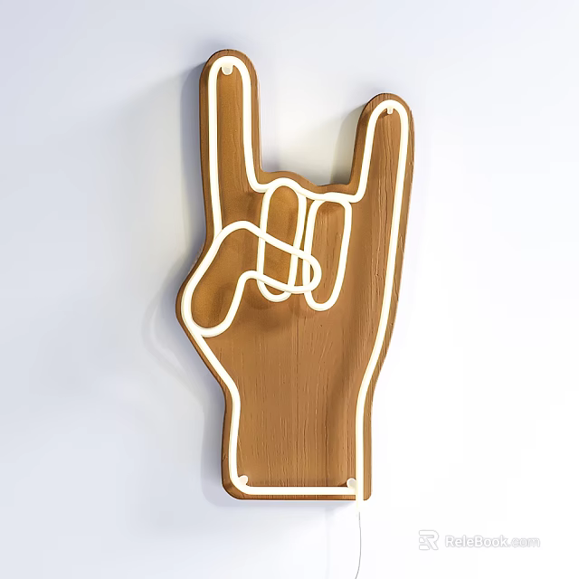 Modern Rock Hand Shaped Wooden Wall Decor With White Neon Edge 3d model 