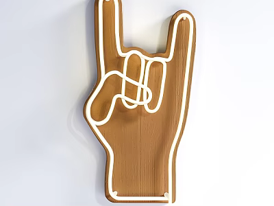 Modern Rock Hand Shaped Wooden Wall Decor With White Neon Edge 3d model