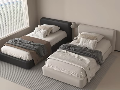 Double Bed with Black Beige Headboards White Gray Linens Gray Blankets Window Blinds Light Walls Striped Rug 3d model